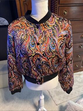 Women's Multicolor Paisley Bomber Jacket - Black Trim